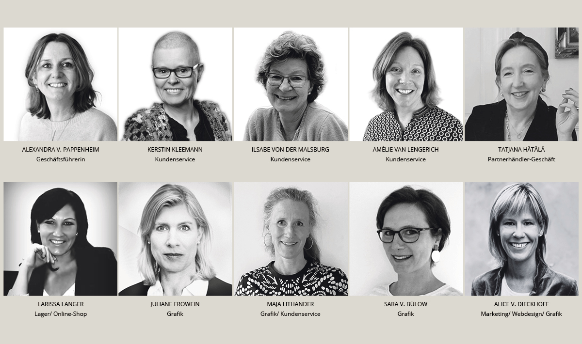 Zehn schwarz-weiß Fotos von Teammitgliedern, jeweils mit Namen darunter, die das virtuelle Team von von Pappenheim Druck zeigen.