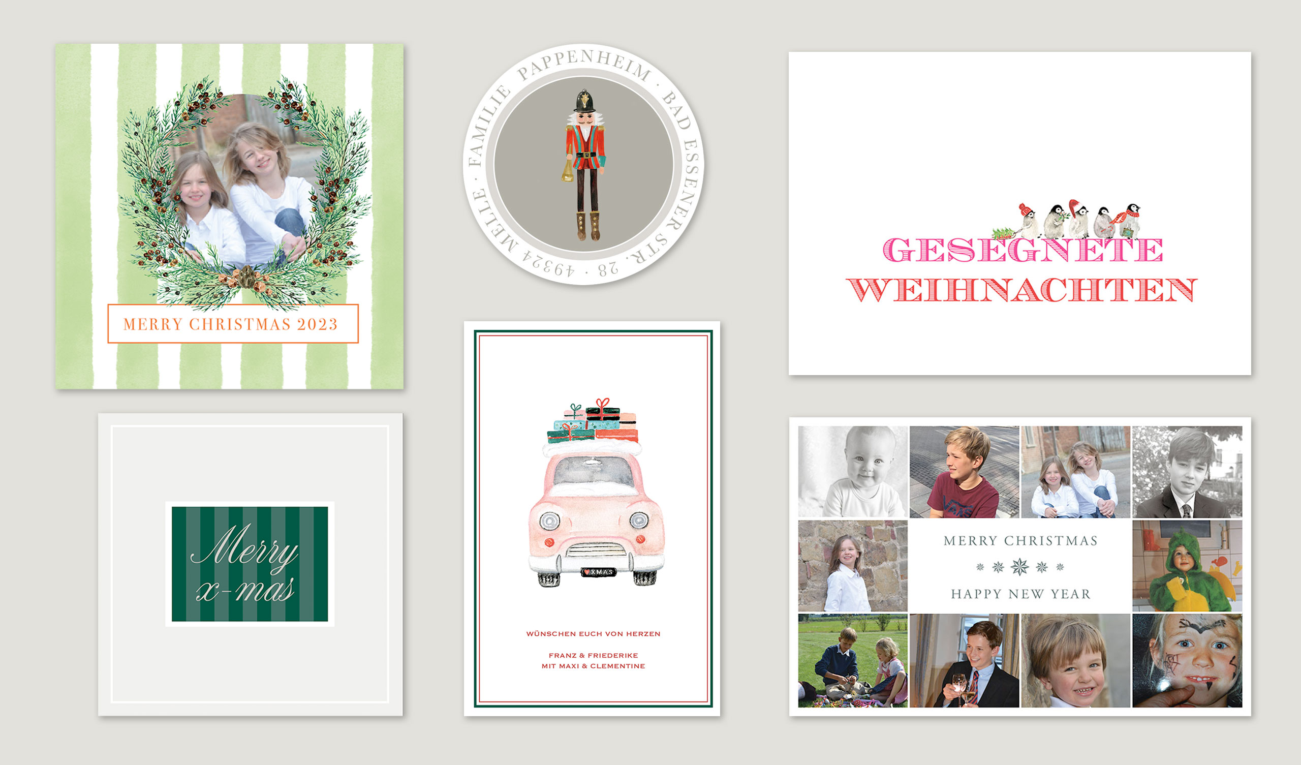 Mehrere klassische Weihnachtskarten in eleganten Designs
