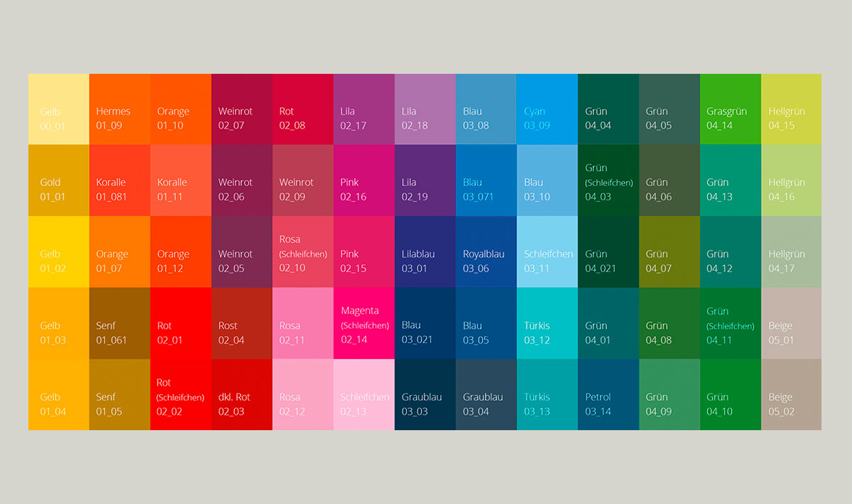 Farbpalette mit verschiedenen Farbtönen, die die Auswahl der Druckfarben zeigt